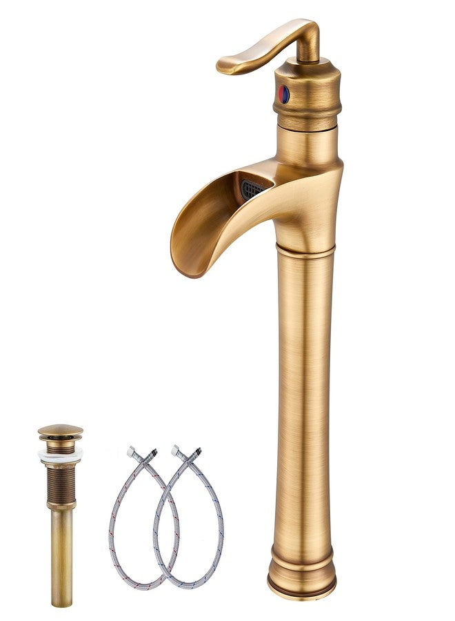 GGStudy Antique Brass Waterfall Bathroom Faucet GGStudy Single Handle One Hole Farmhouse Bathroom Vessel Sink Faucet Matching with Pop Up Drain - Image 1